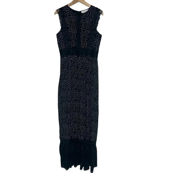 Adelyn Rae M black & white polka dot maxi dress with lace Whimsigoth - Picture 1 of 8